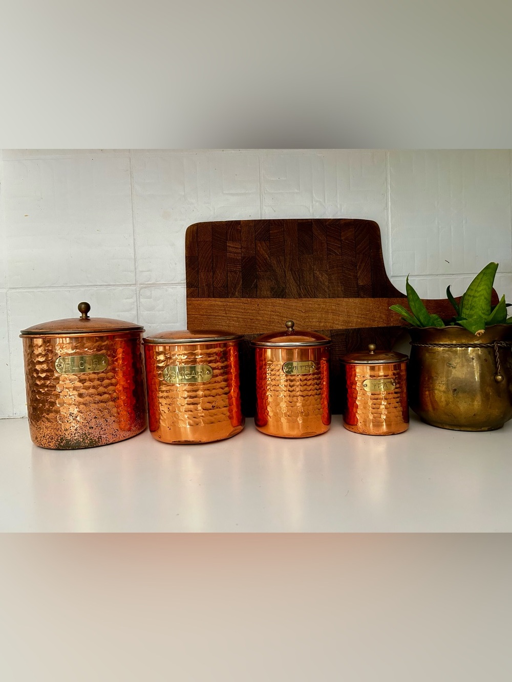 Vintage 4 pots/contenants en cuivre pour comptoir.